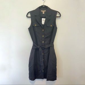 ✨ NWT BANANA REPUBLIC linen black belted tortoiseshell gold button dress pocket